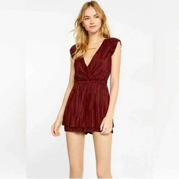 burgundy romper dress Flying Tomato Burgundy Lace Puff Shoulder Romper main image 0